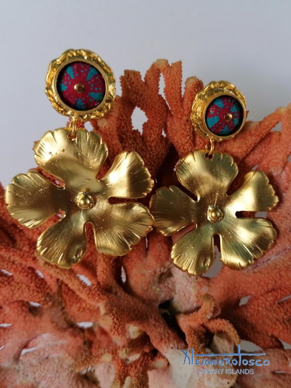 Pendientes flores  erizos fucsia turquesa
