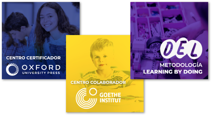 En colaboración de Oxford University Press, Goethe Institut y aplicando la metodología "Learning By Doing" Mix de carteles donde se muestran infancia y jóvenes participando en programas de Del Schule, apoyado por el Centro Certificador de Oxford University, centro colaborador Goethe Institut y usando la metodología de Learning By Doing